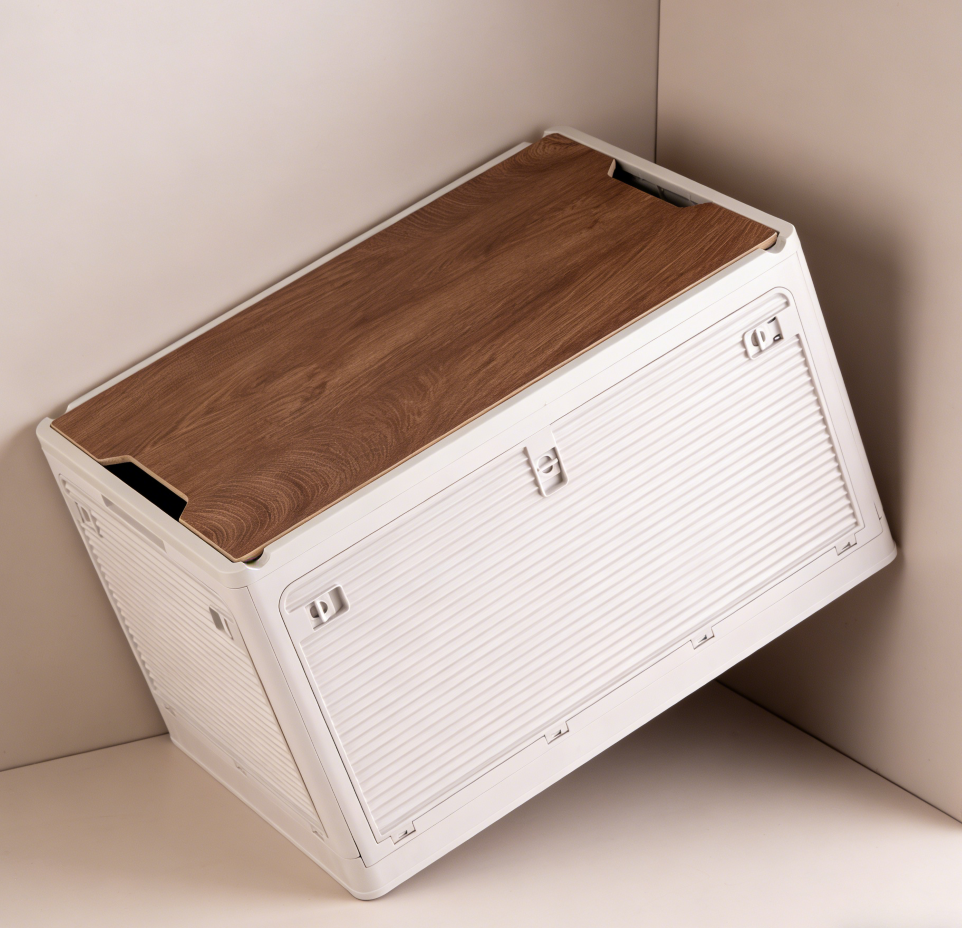 2-Piece Khaki Stackable Collapsible Car Storage Boxes with Wood Lid - Image 2