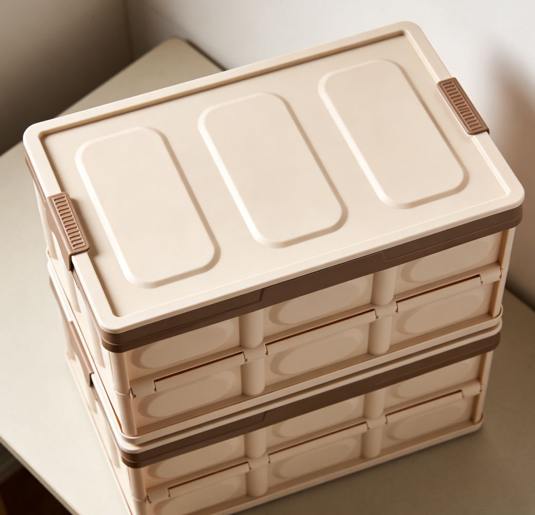 2-Piece Khaki Stackable Plastic Collapsible Car Boot Storage Boxes with Lid - Image 2