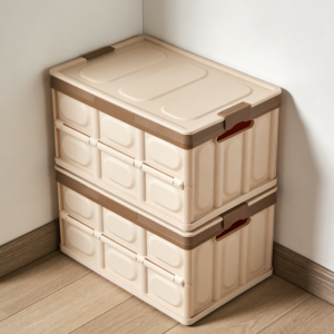 2-Piece Khaki Stackable Plastic Collapsible Car Boot Storage Boxes with Lid