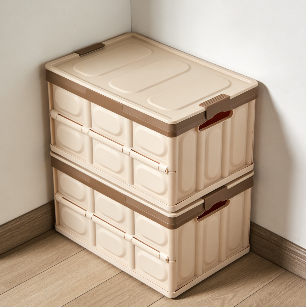 2-Piece Khaki Stackable Plastic Collapsible Car Boot Storage Boxes with Lid