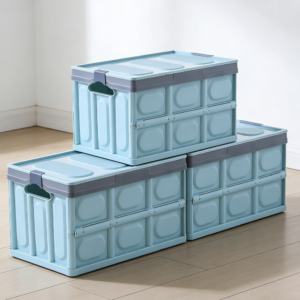 3-Piece Blue Collapsible Stackable Plastic Car Boot Storage Boxes with Cover